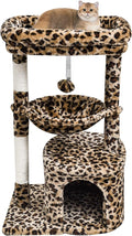 SYANDLVY Small Leopard Print Cat Tree for Indoor Cats, Cat Tower with Scratching Post, Modern Cat House with Padded Perch, Kittens Condo with Cradle, Cat Cave