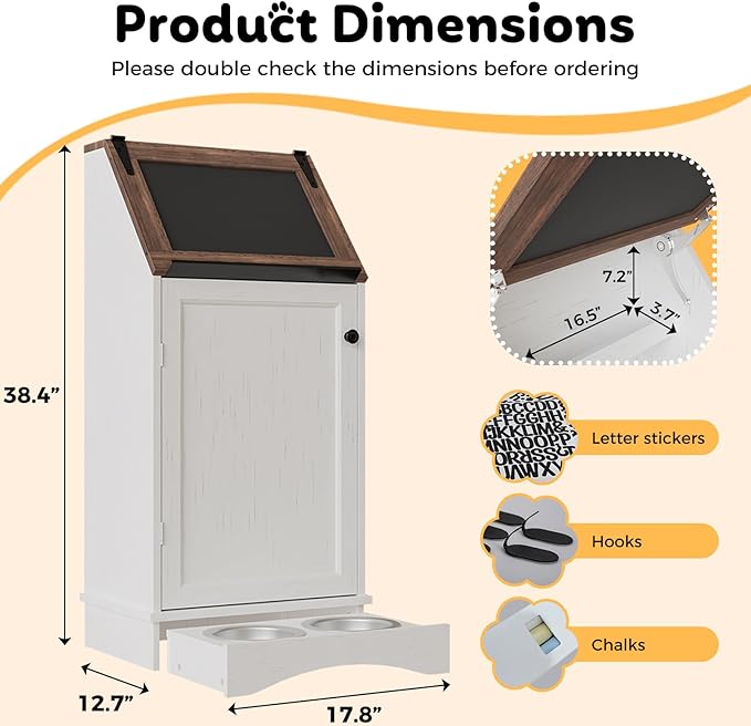 Dog Food Feeding Station with Storage, Pet Food Storage Cabinet with Bowls and Flip-Top Blackboard, Hidden Trash Can, Pet Organizer Cabinet for Dog and Cat, White