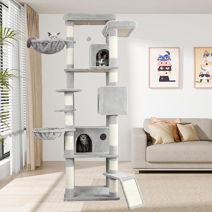 84.6" Multi-Level Tall Cat Tree Tower for Indoor Kitties Larger Cat Condo Furniture with Hammock Cozy Perches Sisal Scratching Posts XXL Pet House (84.6 inch Light Gray)