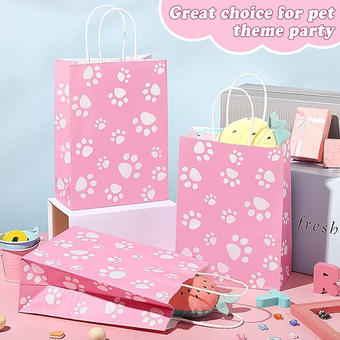 Blulu 20 Pcs Puppy Dog Paw Gift Bags with Paper Twist Handles, Dog Gift Paper Paw Treat Goodie Bags for PET Treat Party Favor, 6.3 x 3.1 x 8.6 Inch(Pink Backing)
