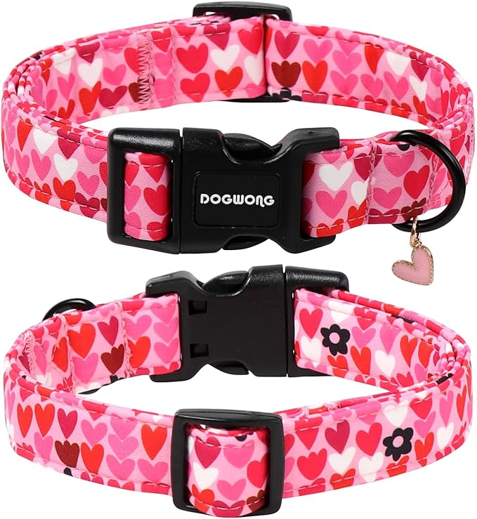 DOGWONG Valentine Dog Collar, Pink Heart Dog Collar, Girl Female Dog Collars with Strong Plastic Buckle for Large Dogs,XL