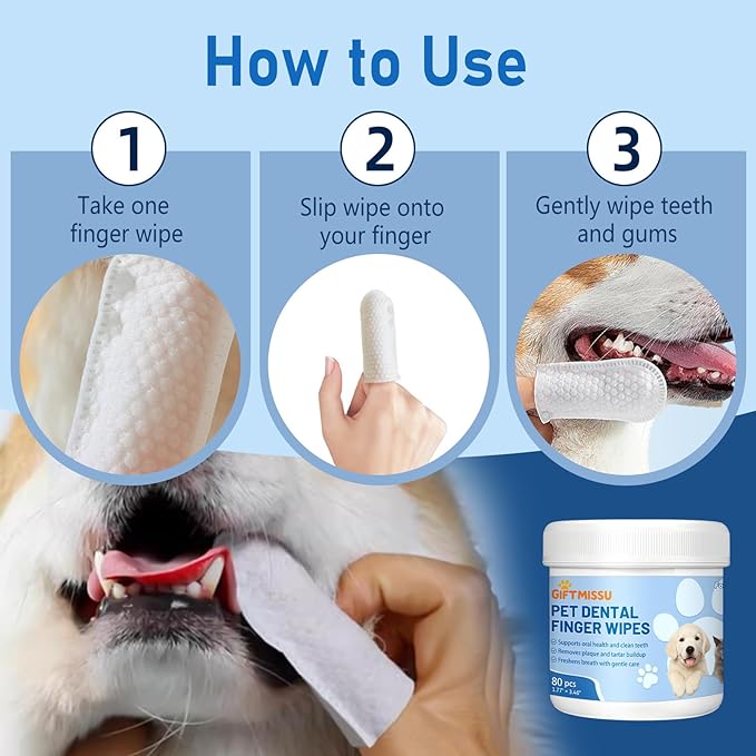80 Counts Pet Dental Finger Wipes for Dogs and Cats - Disposable Dog Teeth Cleaning Wipes for No-Rinse Daily Oral Care, Pet Tooth Cleaning Wipes