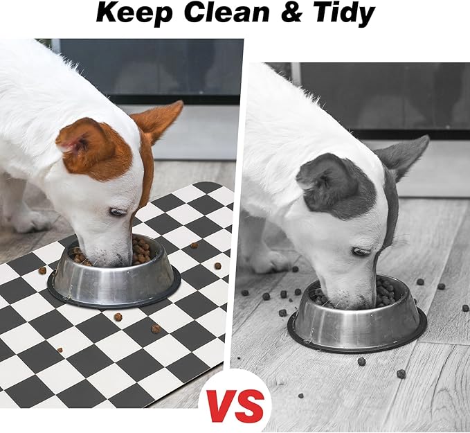 Checkered Dog Food Mat, Absorbent Leak-Proof Pet Feeding Mat, Quick Dry Cat Food Mat for Messy Drinkers 16" x 24" Black