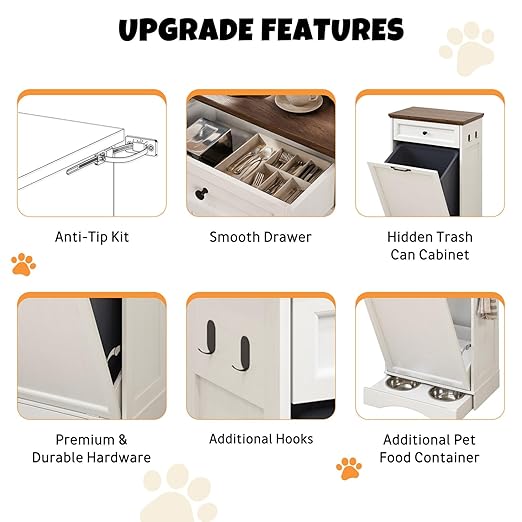 Tilt Out Trash Can Cabinet with Dog Bowl, 13 Gallons Dog Food Storage Cabinet, Hidden Trash Can Cabinet with Hideaway Drawer for Kitchen, Living Room (White, Single Door)