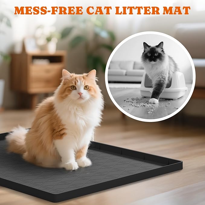 Extra Large Silicone Cat Litter Mats, 34" x 22" Waterproof Litter Box Mat, Non-Slip Kitty Litter Mat for Scatter Control, Easy to Clean & Urine-Proof Cat Litter Trapping Mat, Black