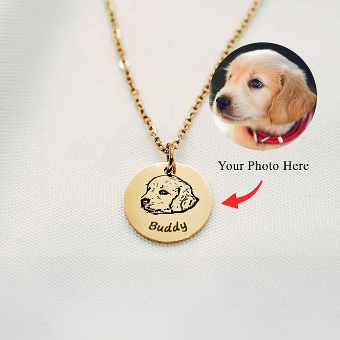 Custom Pet Portrait Necklace with Photo & Name – Dog or Cat Memorial Jewelry for Women or Men, Personalized Engraved Round Disc for Cat Loss, Birthday Gifts for Pet Owners, Dog Moms & Animal Lovers