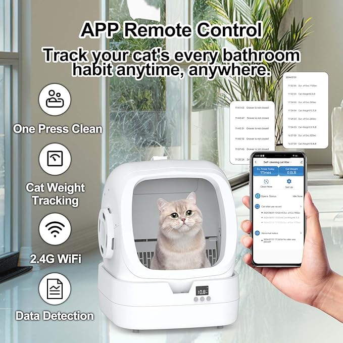 Automatic Cat Litter Box Self Cleaning - APP Control - Weight Monitoring - Ultra-Quiet, Medium Cats and Kittens Litter Box, Safe Anti-Pinch【Assembly Required】- White