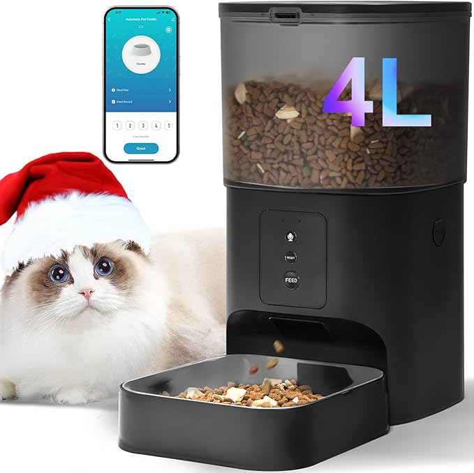 2.4G Automatic Cat Feeder, Cat Food Dispenser with 10s Voice Recorder, Pet Feeder up to 8 Meals per Day, Timed Feeder with Dry Food Sealed Ring (Black, 4L-WiFi)