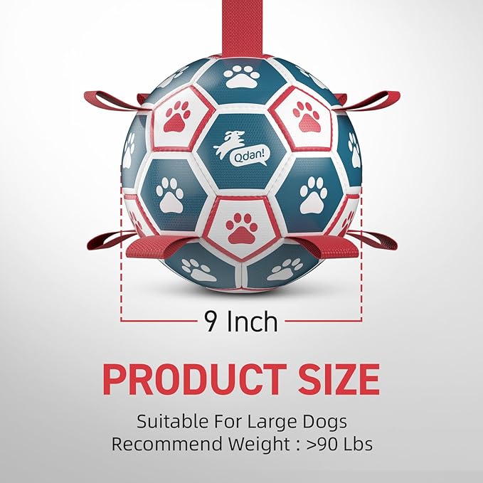 QDAN Extra Large Soccer Ball with Straps, Interactive Dog Toys for Tug of War, Puppy Birthday & Water Toy, Large Dog Balls - Blue & Red (9 Inch)