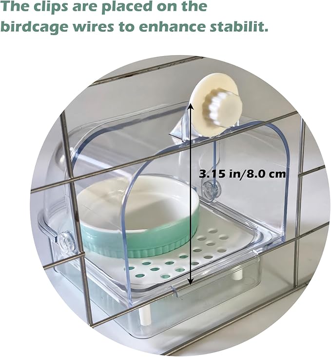 Bird Cage Feeder with Ceramic Bowl,2 in 1 No Mess Bird Feeder and Transparent Parakeet Bathtub with Bottom Drawer Hanging Tube Shower Box for Birds Budgies Parakeet Small Parrot Cockatiels