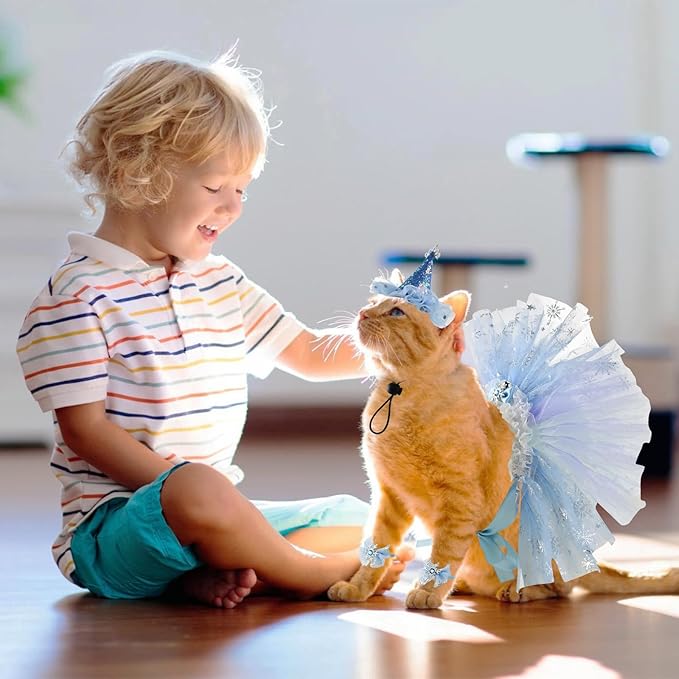 Cat Birthday Princess Costume for Kitten Crown Hat Tutu Skirt Kitten Princess Hat Cat Bandana Halloween Small Pet Outfit for Cats Kittens L