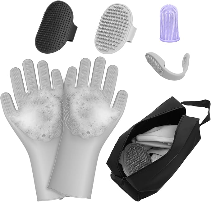 7PCS Pet Grooming Kit for Dogs and Cats，with Storage Bag & Includes Dog Washing Gloveswith High-Density Teeth, Adjustable Handle Dog Shampoo Brush, Dog Finger Toothbrush (Gray)