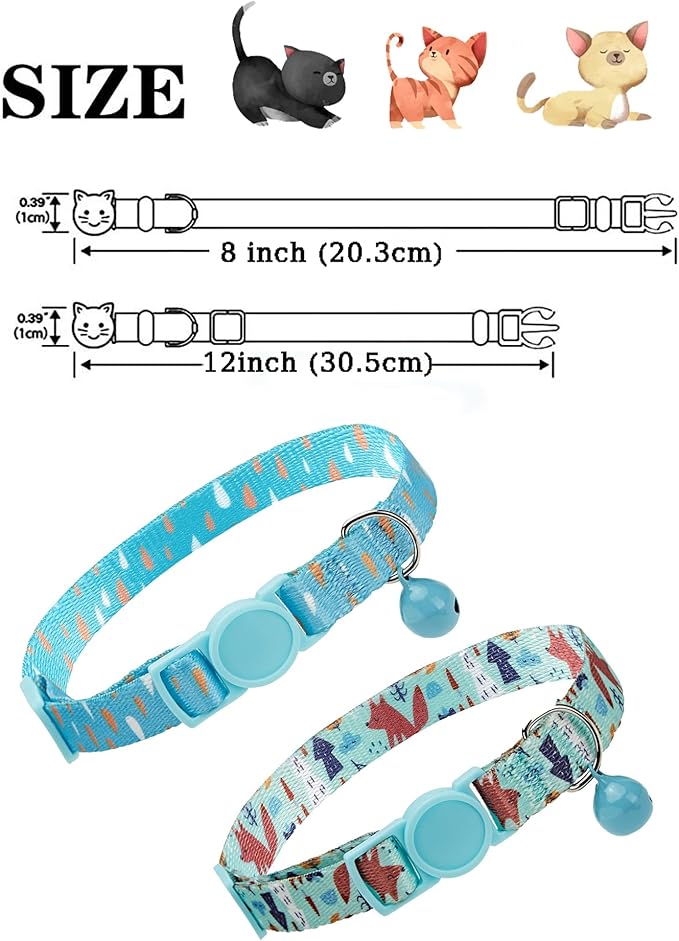SOLMOONY Cute Cat Collar for Girl Boy,Colorful Breakaway Cat Collars with Bell 2 Pack，Adjustable Printed Nylon with Safety Buckles Kitten Collar (Fox)