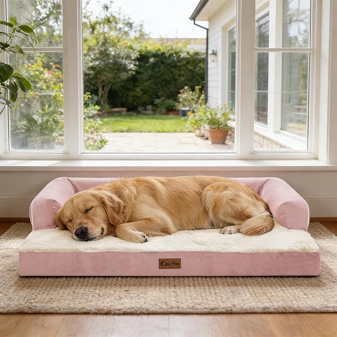 Orthopedic Dog Beds for Extra Large Dogs, Waterproof Egg Crate Foam XL Dog Bed with Sides 41x27Inch, Washable Big Dogs Couch Beds with Removable Cover and Nonskid Bottom, Pink