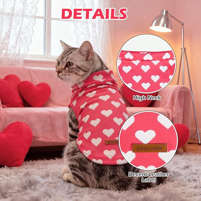 EXPAWLORER Cat Valentines Outfit Sweater - Valentine's Day Sweater for Cats Only Warm Kitten Clothes, Pet Coat Pullover Design, Fleece Sweatshirt Clothing Also for Puppy Small Dogs, Pink Heart M