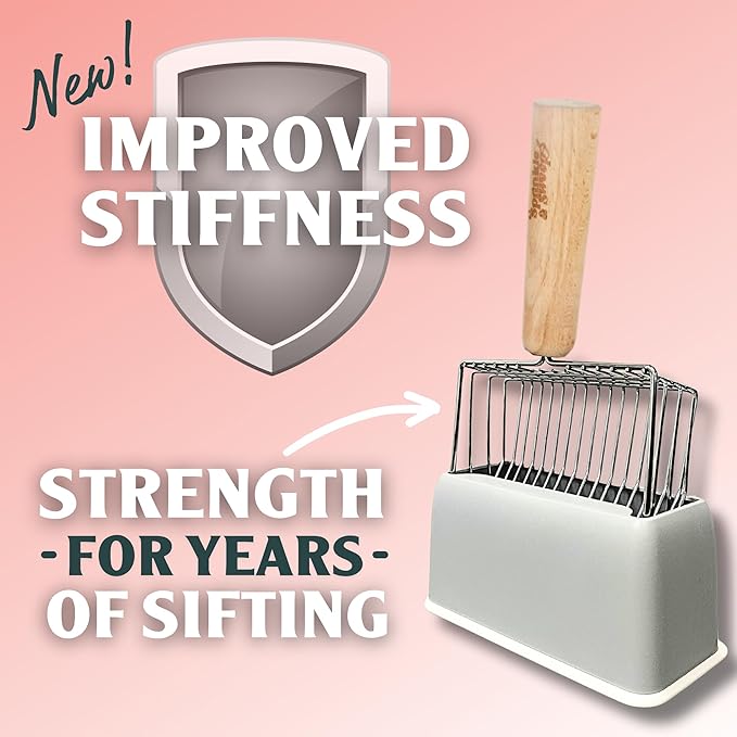 2 PACK Sprinkle & Sweep Metal Cat Litter Scoop - Heavy Duty Litter Scooper & Speed Sifter with Comfortable Beech Wood Grip - Washable Convenient Stand for Easy and Efficient Cleaning