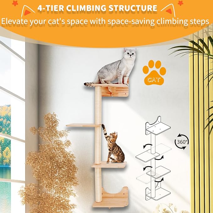 Cat Shelves for Wall – Cat Climbing Furniture Set for Large Cats with House, Bridge Ladder, 3 Scratching Posts & 5 Steps