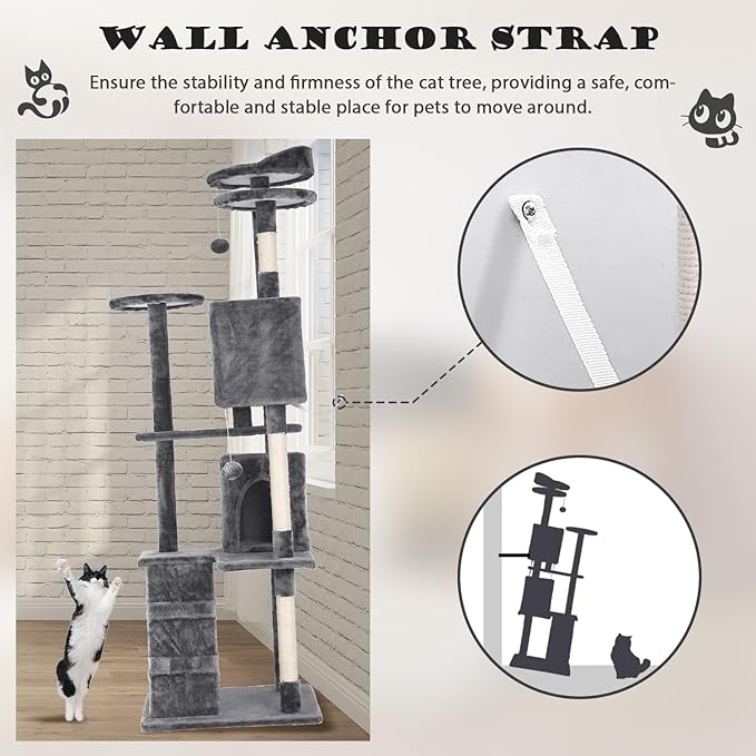 Heavy Duty Cat Tree Tower, 70" Tall Cat Tower for Indoor Cats with Cat Scratching Post with Bed, Cat Condo, Hanging Ball, Multi-Level Cat Climbing Tower Cat Trees Furniture Activity Center, Ashy