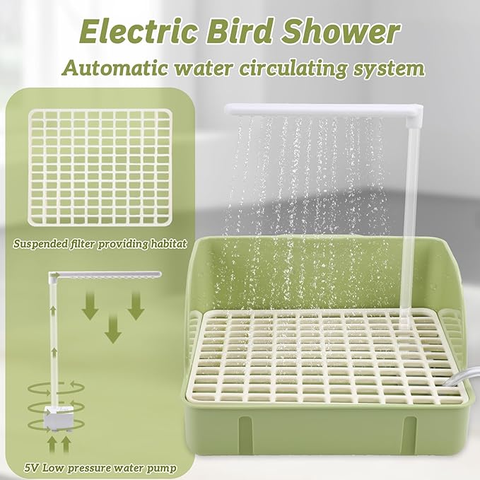 Automatic Bird Bath with Pump, Parrot Bathtub with Anti-Bite Cord Protector, USB Electric Large Bird Bathtub Circulating Water Bird Shower for Parakeet Cockatiel African Grey Lovebird(Green)