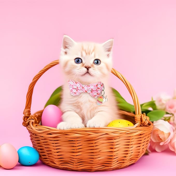 3 PCS Easter Cat Collars with Bow Tie and Bell, Spring Cat Collars Eggs Rabbit Pattern Breakaway Adjustable Cat Bow Tie Collars, Cute Bow Tie Suitable for Kittens Or Certain Puppies