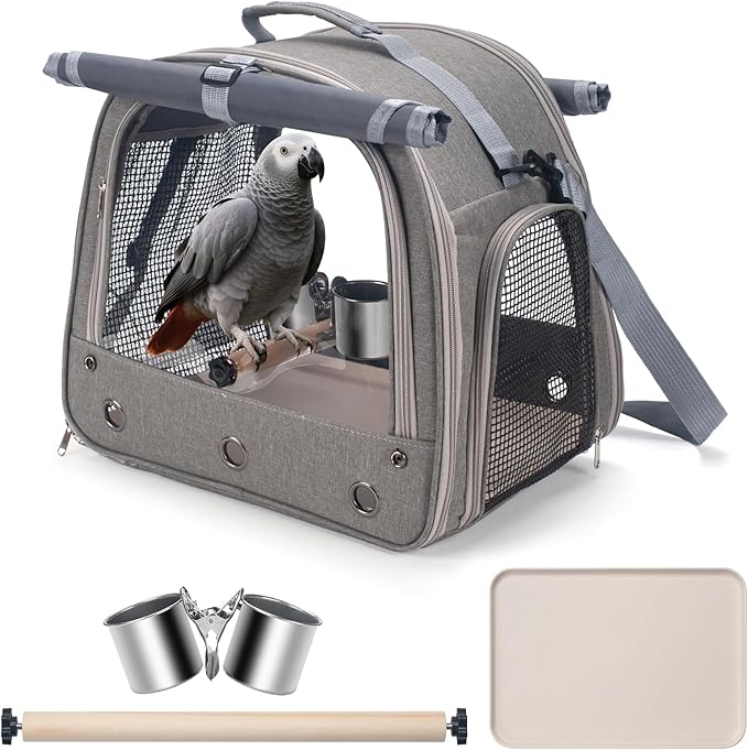 Bird Carrier Parrot Travel Cage with Perch, Food Bowl, Tray and Breathable Clear Window, Bird Travel Bag for African Gray Cockatiel Caique Conure Quaker, for Vetting Camping Hiking (Gray)