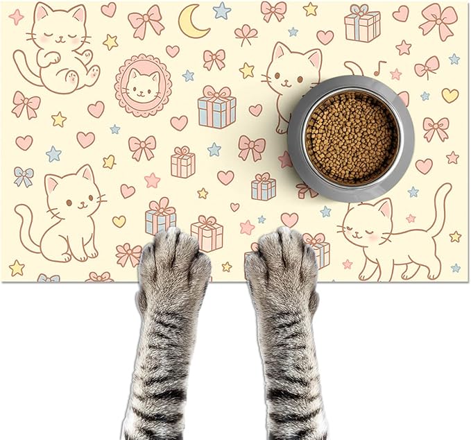 Cute Cat Pet Feeding Mat Adorable Kitten Food Placemat with Gift Bow and Star Print for Dogs and Cats Sweet Non Slip Mat for Dog Cat Food and Water Bowls Home Kitchen Decoration 20" x 12"