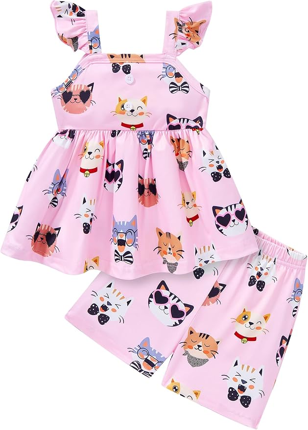 Toddler Baby Girls Summer Clothes Outfits Ruffled Sleeve Dinosaur Shirt Leopard Tops and Shorts Pants Sets 2PCS