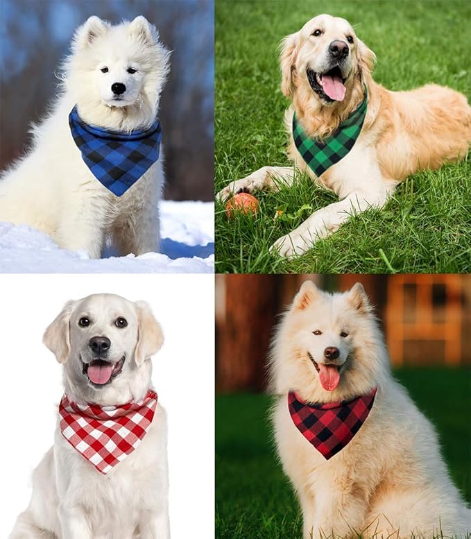 Christmas Plaid Bandana with Button, Fall Dual Layer Soft Cotton Triangle Dog Scarf Kerchief Washable Girl Boy Bandanas Adjustable Accessories for Small Medium Large Extra Large Puppy Pet