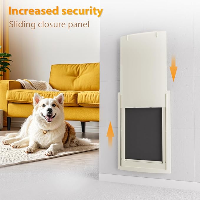 mestyl Dog Door for Wall, Pet Door, Doggie Door with Telescoping Tunnel, Double Magnetic Flaps and Sliding Lock Panels, 3-Flap Dog Door and Cat Door, Easy to Install, White, Large