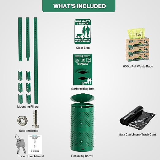POCHAR Dog Waste Station Outdoor, Aluminum Rustproof Pet Poop Station with 600 Waste Bags & 50 Can Liners, Dog Park Equipment with Sign & Lid - Pet Poop Disposal System for Backyard