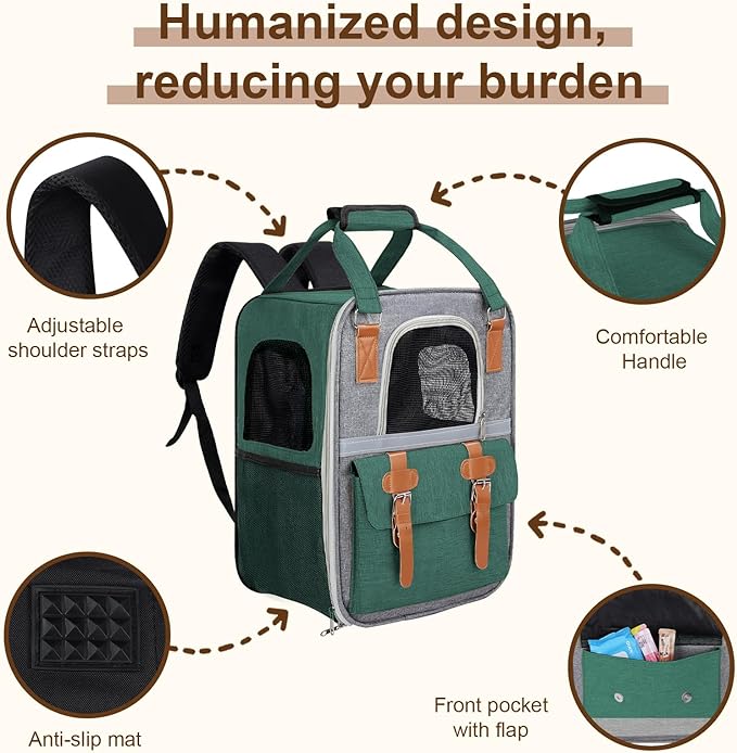 Cat Carrier Backpack, Airline Approved Mesh Dog Backpack with Breathable, Hiking, Travel, Camping, Pet Carriers Backpack for Large Cats and Small Dogs - Holds Pets up to 15 Lbs (Dark Green)