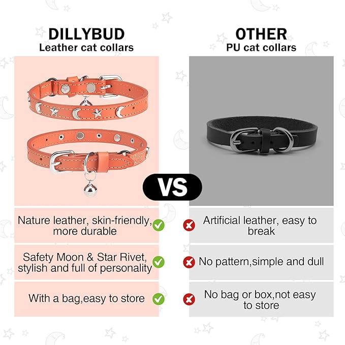Leather Cat Collars for Boy Girl Cats with Bell and Safety Elastic Belt, Personalized Star and Moon Stud Adjustable Safe Buckle Collar for Kitty Small Big Cats Size 7-9 Inch, Orange