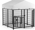 LOVMOR Outdoor Dog Kennel with Roof, Heavy Duty Steel Dog Run Enclosure for Small Dogs, Waterproof Canopy, Double Latch Door, Adjustable Feeding Bowls, Pet Pen for Yard and Patio, 4’L x 4’W x 4.25’H
