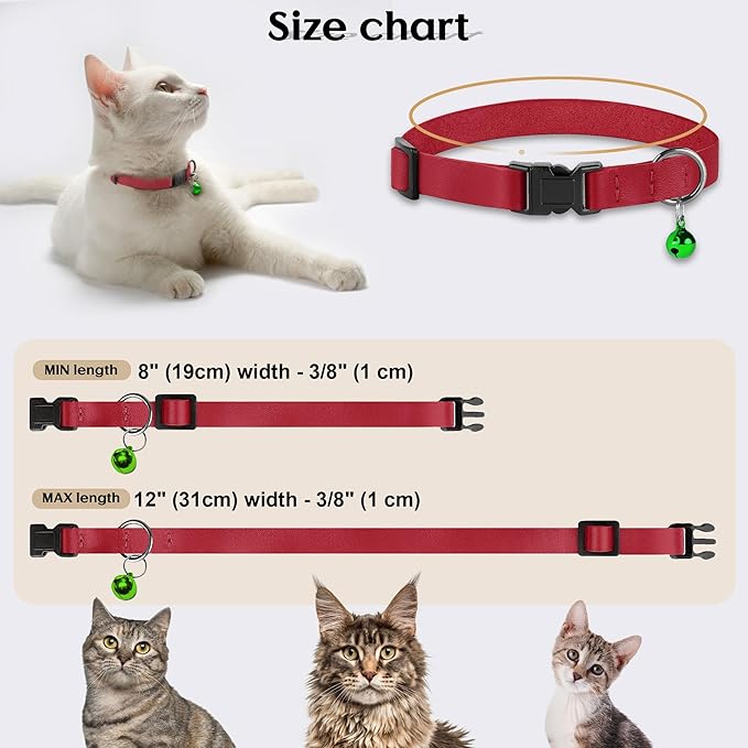Breakaway Cat Collar with Bell - Leather Adjustable Kitten Collars with Safety Quick Release Buckle - Soft Small Pet Collars for Girl & Boy Cats (Red)