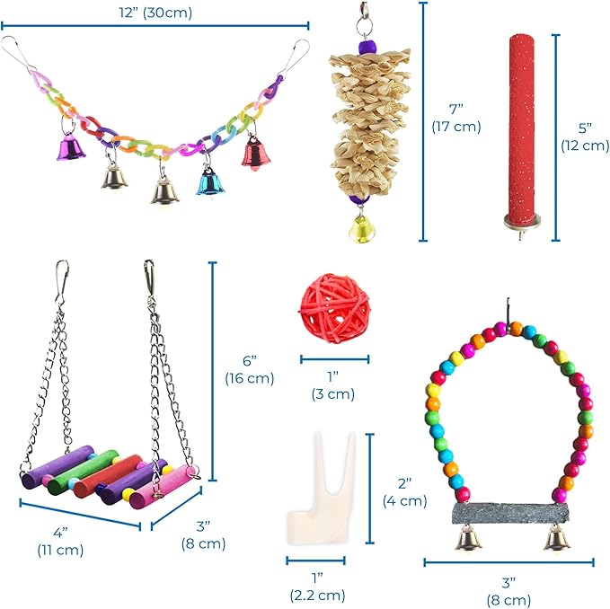 SunGrow Parrot Swing and Perch Bundle, Keep Birds from Hatching Plans for World Domination with Joyful Colorful Items for Love Birds, Conures, Cockatiels, Finches, Parakeets, 12 Pieces