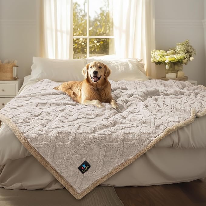 Luciphia Waterproof Pet Blanket, Liquid Pee Proof Dog Blankets for Sofa Bed Couch, Reversible Sherpa Fleece Furniture Protector Cover for Small Medium Large Dogs Cats,Beige-Thicken X-Large（85" x 57"）