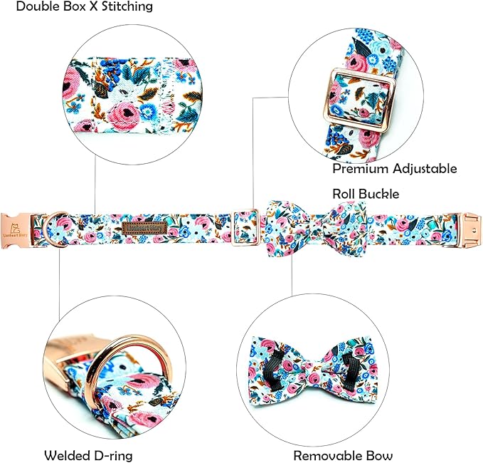 Lionheart glory Dog Collar Bow Collar Floral Dog Collar with Bow Tie Spring Summer Cute Collar Dog Boy or Girl Dog Collars Soft Durable Adjustable Dog Collars for Small Dogs
