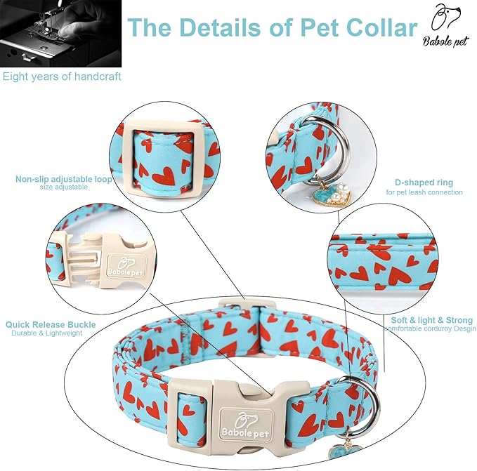 Valentines Dog Collar for Small Dogs - Cute Valentine Blue Dog Collars, Adjustable Puppy Red Hearts Collar with Quick Release Buckle for Girls&Boys Dogs XS