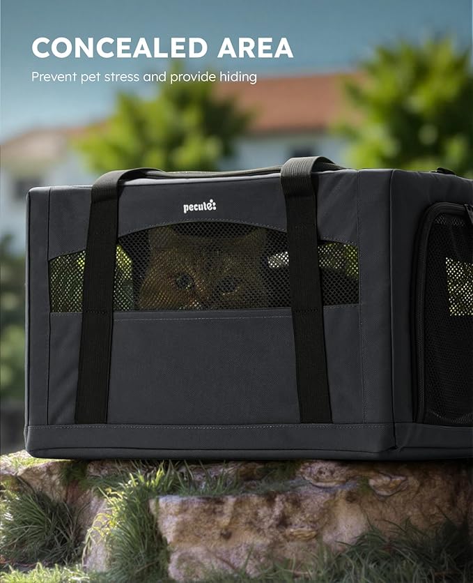 Pecute Cat Carrier Stable, Pet Carrier with Hidden Anxiety Relief Partition & Stable Steel Frame, Safe Cat Carrier for Car Travel, Soft-Sided Dog/Cat Carrier Bag for Pets Up to 11lbs, Dark Gray