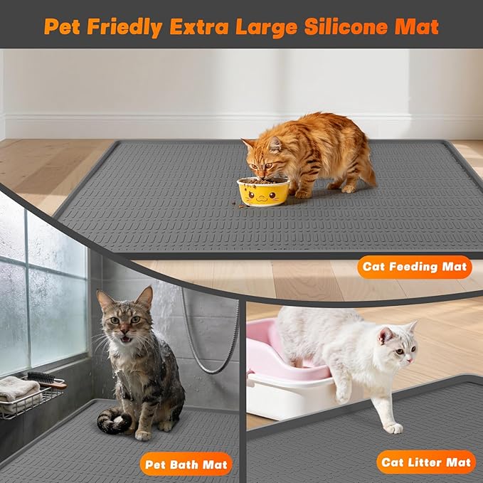 47" x 35" Silicone Cat Food Mat, Waterproof Pet Feeding Mat with Raised Edge, Extra Large Cat Bowl Mat Water Bowl Placemats for Cats, Non-Slip, Protects Floors, Easy to Clean (Dark Gray)