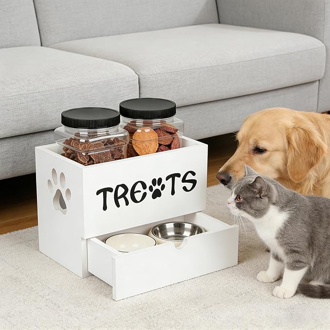 Dog Treat Jar for Countertop, 9.8 * 5.1 * 6'' 2 Layer Dog Treat Container with Drawer 2Jars and Sticker Wooden Pet Food Organizer Storage Basket For Pets Great Gift for Pets' Owners (White)