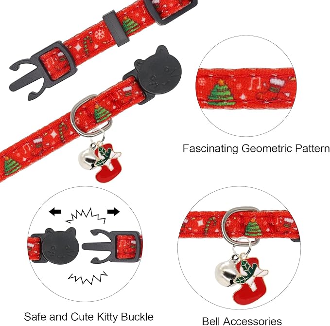 Christmas Cat Collar, Cotton 2 Pack Cat Collar with Bells, Breakaway Collars for Girl Boy Kittens, Christmas