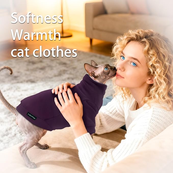 Fleece Sphynx Cat Clothes Soft Hairless Cat Clothes Pullover Cat Sweater for Chihuahua All Season Light and Warm Kitten Cloth Only Puppy Clothes Small Dog Sweater (Dark Purple, M)