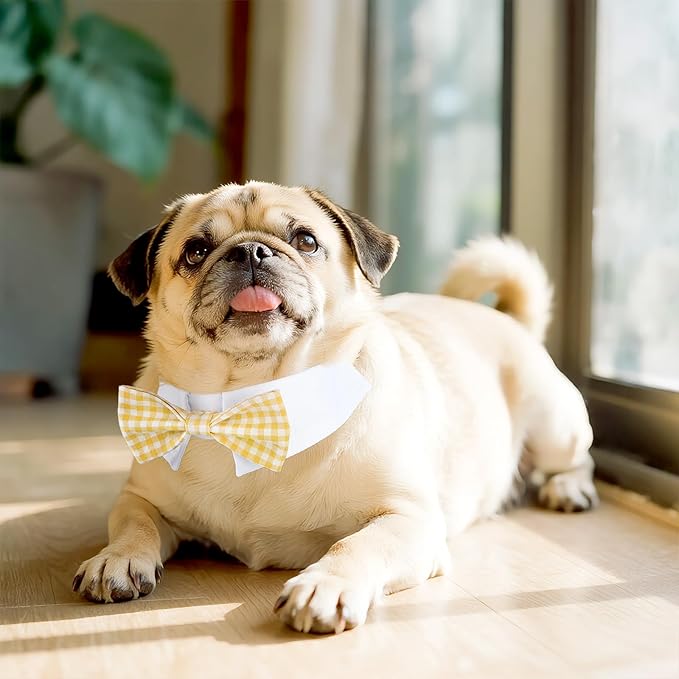 Segarty Dog Bow Tie, Adjustable Yellow Plaid Bowtie Collar for Neck Girth 10.2-12.6in, Medium Neck Tie Tuxedo Comfortable Cotton Boy Pet Grooming Accessory for Formal Wedding Holiday Birthday Party