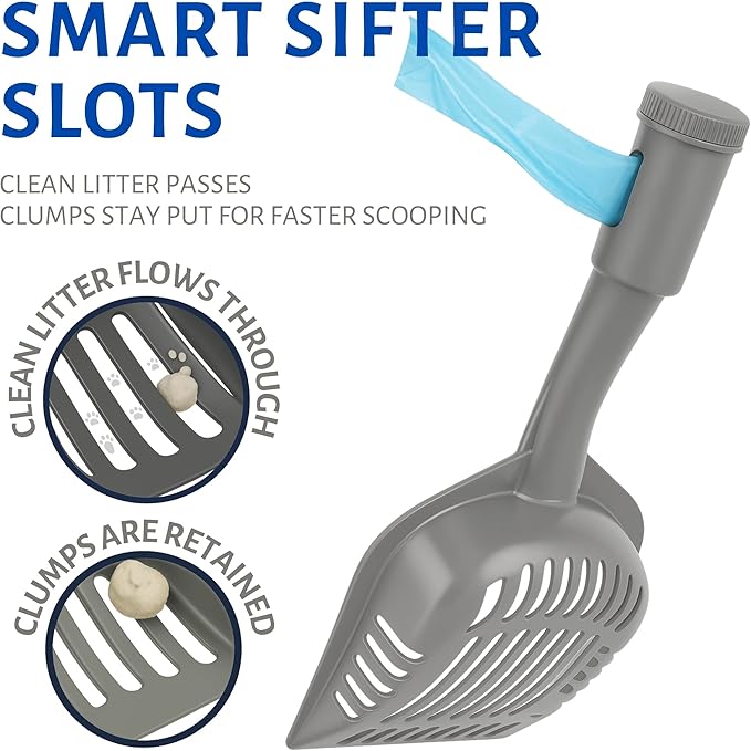 2-in-1 Pooper Scooper with Bag Attachment, Cat Litter Shovel Scoop with Bag, Built-in Dispenser, Includes Trash Roll, Rinse-Clean, Anti-Stick, Smart Sifter, Long Handle (Dark Gray)