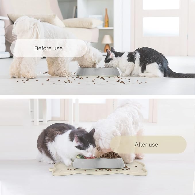 Coomazy Cat & Dog Feeding Mat, Thicker Non-Slip Silicone Mat with Raised Edge, Waterproof for Food & Water (Beige, Medium)