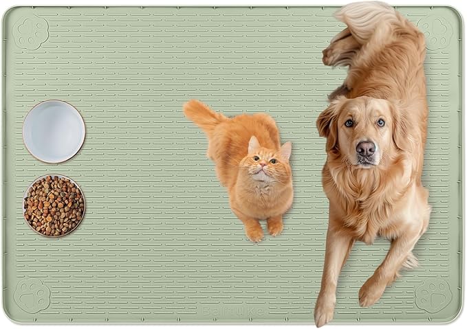 Cat Food Mat, 34" x 22" Large Silicone Pet Feeding Mat for Food and Water Bowls Non-Slip, Easy to Clean (Green)