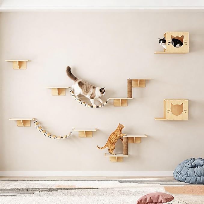 12-Pc Cat Wall Shelves, Cat Wall Furniture Set with Cat Bridge & Scratching Post, Large Wall Mounted Cat Tree Activity Center, Cat Climbing Wall for Indoor Cats Sleep & Scratch, Natural Pine