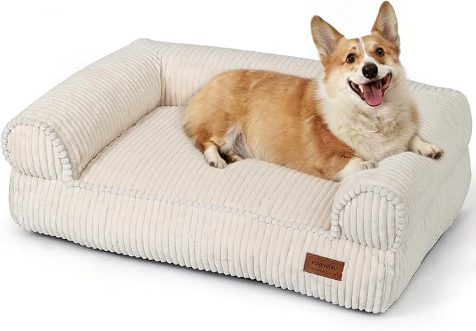 FUKUMARU Cute Dog Bed, Thickened Orthopedic Dogs Couch, 36in Egg Crate Foam Pet Sofa for Medium to Large Dogs, Waterproof Warm Corduroy Pet Bed with Washable Cover, Cream