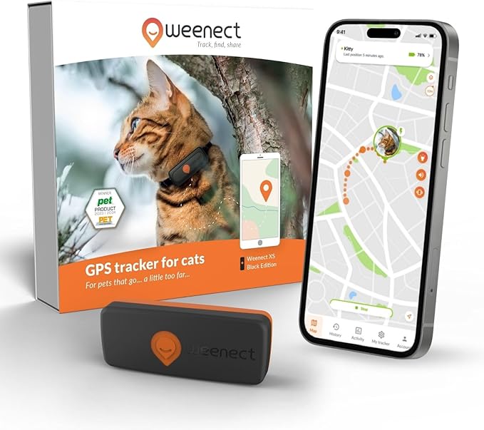 Weenect Cat XS - New GPS Tracker for Cats | Real-time Mini GPS Tracker for Cats | Smallest Model on The Market | Collar Included | Subscription Required (Black, Tracker XS)